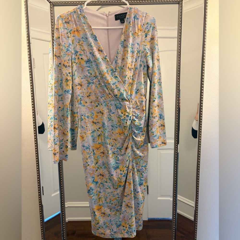 Laundry By Shelli Segal Yellow and Blue Floral Long Sleeve Dress